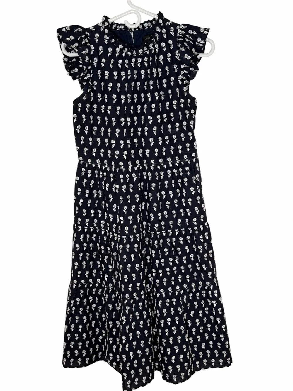 J. Crew Navy White Embroidered Cotton Tiered Dress Extra Small Petite XSP